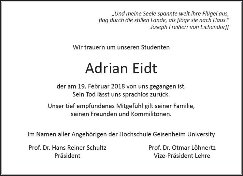  Traueranzeige für Adrian Eidt vom 07.03.2018 aus Trauerportal Rhein Main Presse