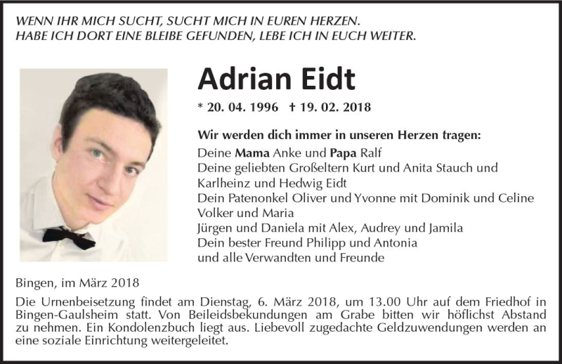  Traueranzeige für Adrian Eidt vom 03.03.2018 aus Trauerportal Rhein Main Presse