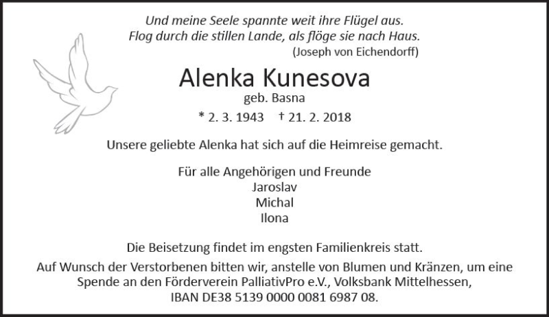  Traueranzeige für Alenka Kunesova vom 03.03.2018 aus  Gießener Anzeiger