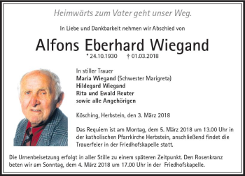 Traueranzeige von Alfons Eberhard Wiegand von VRM Trauer