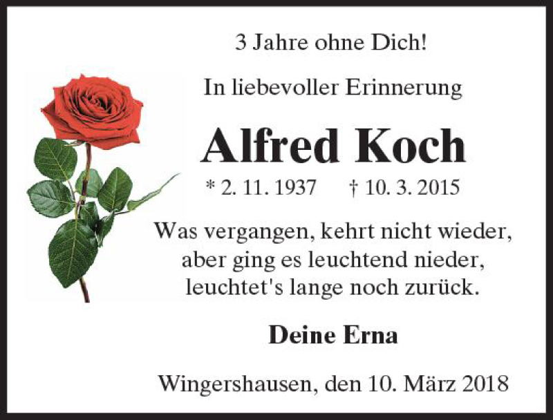  Traueranzeige für Alfred Koch vom 10.03.2018 aus  Kreisanzeiger