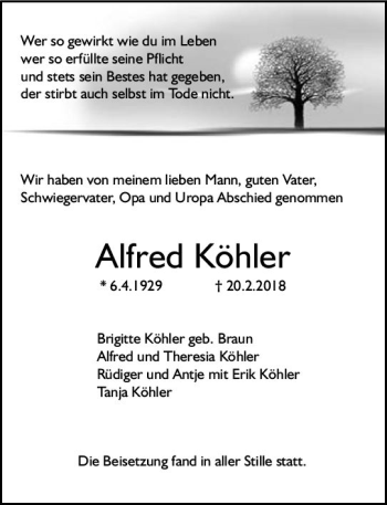 Traueranzeige von Alfred Köhler von Trauerportal Rhein Main Presse