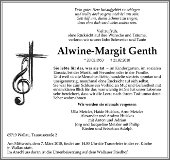 Traueranzeige von Alwine-Margit Genth von Trauerportal Rhein Main Presse
