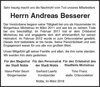 Traueranzeige von Andreas Besserer von  Kreisanzeiger