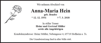 Traueranzeige von Anna-Maria Hein von Trauerportal Rhein Main Presse