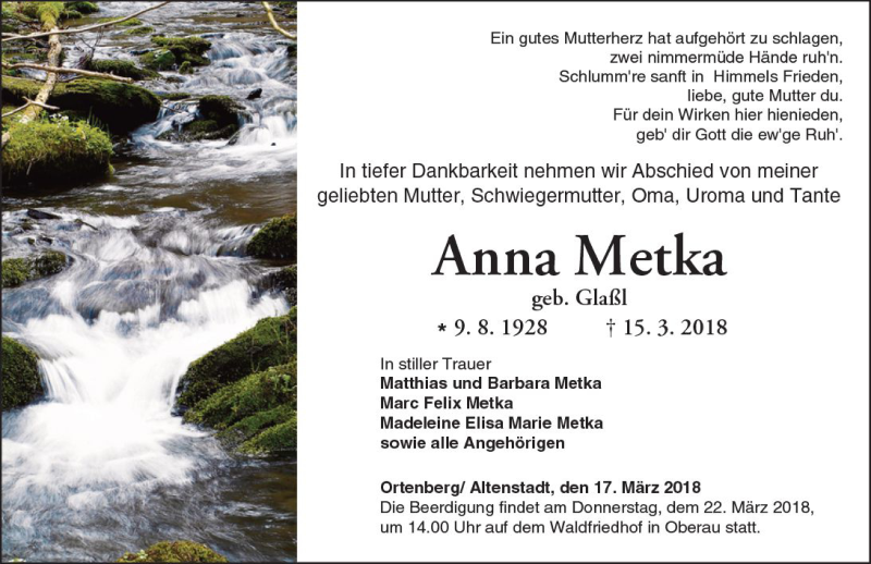 Traueranzeige für Anna Metka vom 17.03.2018 aus  Kreisanzeiger