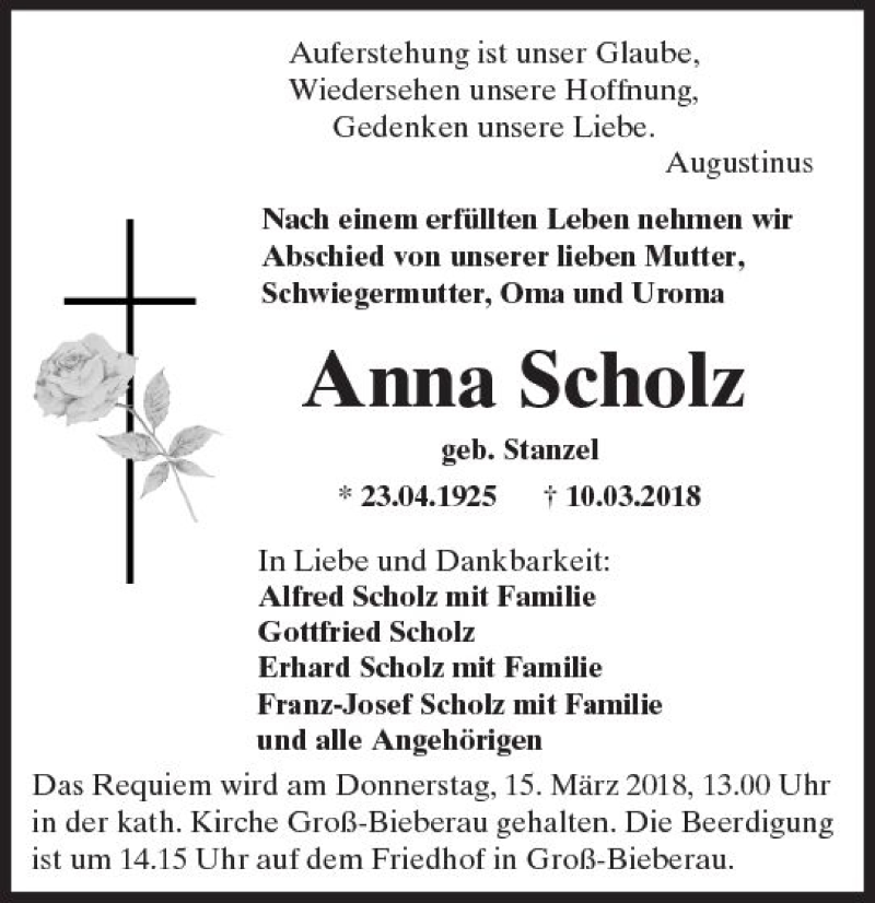  Traueranzeige für Anna Scholz vom 14.03.2018 aus Trauerportal Rhein Main Presse