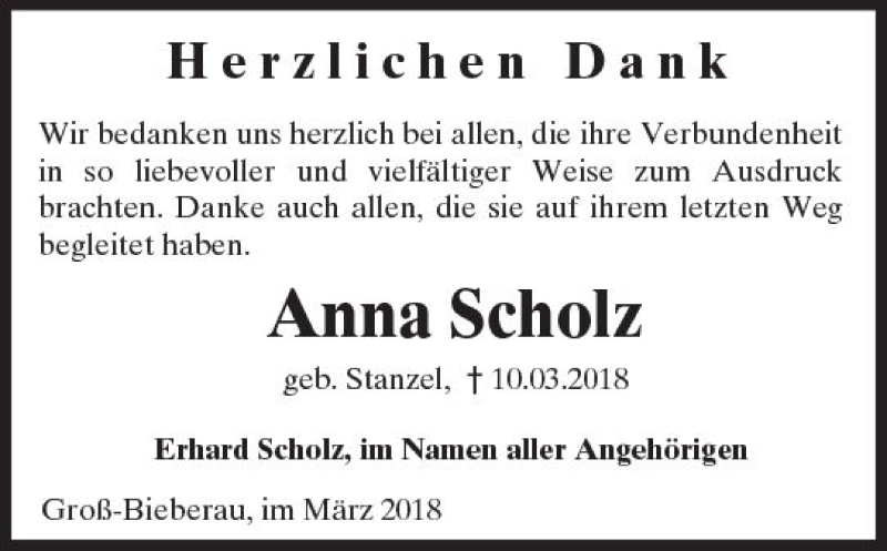 Traueranzeige für Anna Scholz vom 31.03.2018 aus Trauerportal Rhein Main Presse
