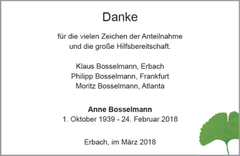 Traueranzeige von Anne Bosselmann von Trauerportal Rhein Main Presse