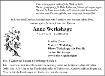 Traueranzeige von Anne Werkshage von Trauerportal Rhein Main Presse