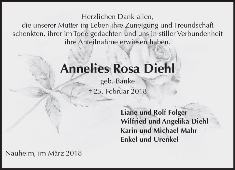  Traueranzeige für Annelies Rosa Diehl vom 24.03.2018 aus Trauerportal Rhein Main Presse