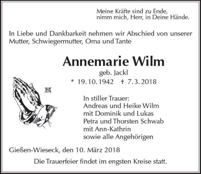  Traueranzeige für Annemarie Wilm vom 10.03.2018 aus  Gießener Anzeiger