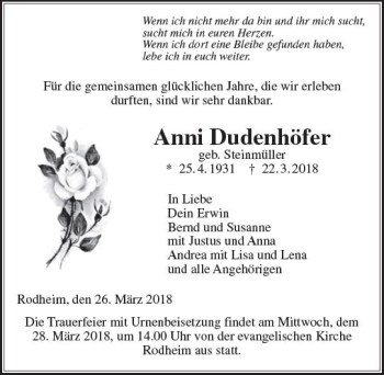 Traueranzeige von Anni Dudenhöfer von  Gießener Anzeiger
