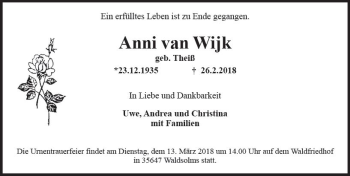 Traueranzeige von Anni  van Wijk von Trauerportal Rhein Main Presse