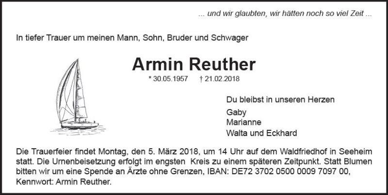  Traueranzeige für Armin Reuther vom 03.03.2018 aus Trauerportal Rhein Main Presse
