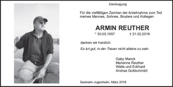 Traueranzeige von Armin Reuther von Trauerportal Rhein Main Presse