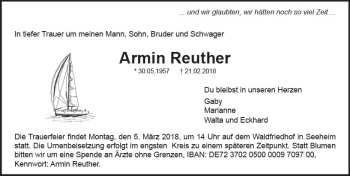 Traueranzeige von Armin Reuther von Trauerportal Rhein Main Presse