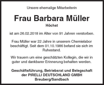 Traueranzeige von Barbara Müller von Trauerportal Rhein Main Presse