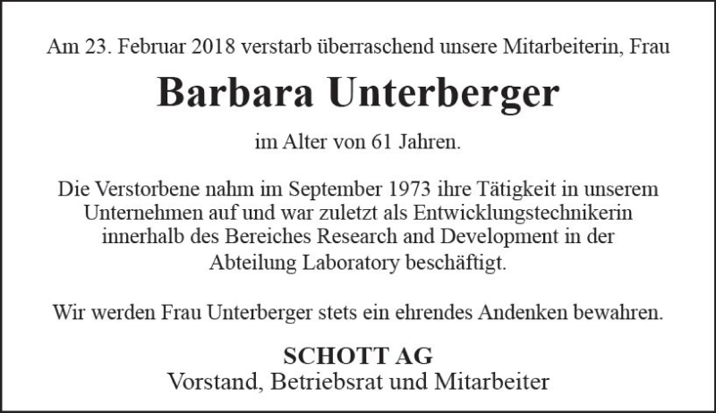 Traueranzeige für Barbara Unterberger vom 10.03.2018 aus Trauerportal Rhein Main Presse