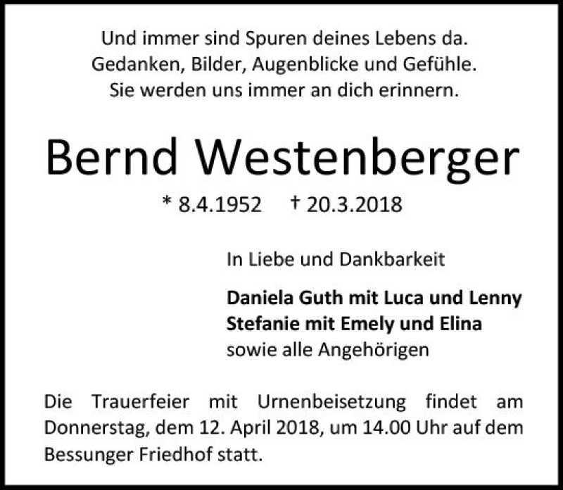 Traueranzeige für Bernd Westenberger vom 31.03.2018 aus Trauerportal Rhein Main Presse
