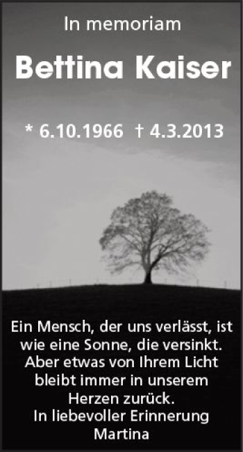 Traueranzeige von Bettina Kaiser von  Kreisanzeiger
