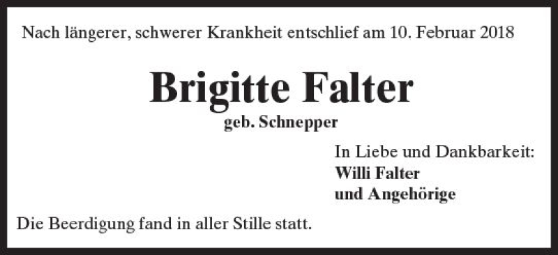  Traueranzeige für Brigitte Falter vom 24.03.2018 aus Trauerportal Rhein Main Presse