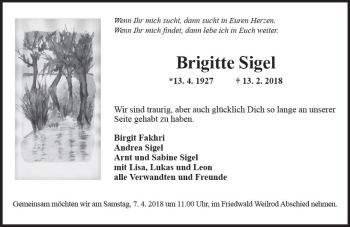 Traueranzeige von Brigitte Sigel von Trauerportal Rhein Main Presse