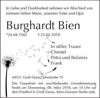 Traueranzeige von Burghardt Bien von Trauerportal Rhein Main Presse