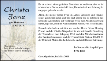 Traueranzeige von Christa Janz von Trauerportal Rhein Main Presse