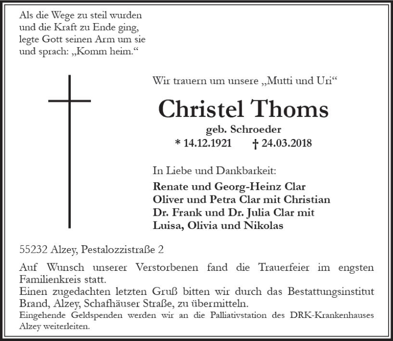  Traueranzeige für Christel Thoms vom 31.03.2018 aus Trauerportal Rhein Main Presse