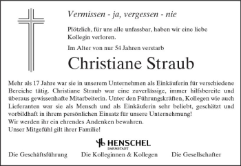 Traueranzeige von Christiane Straub von Trauerportal Rhein Main Presse