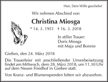 Traueranzeige von Christina Miosga von  Gießener Anzeiger