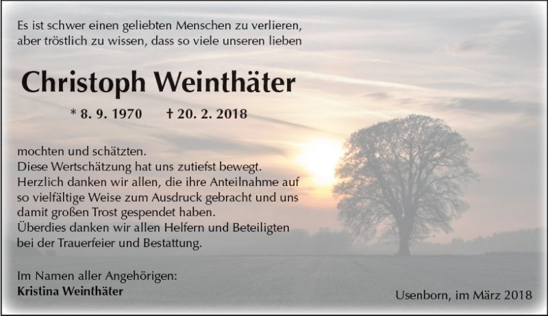  Traueranzeige für Christoph Weinthäter vom 24.03.2018 aus  Kreisanzeiger