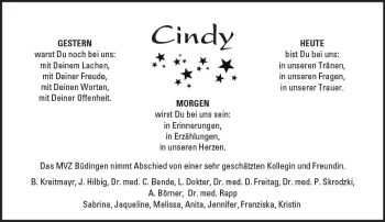 Traueranzeige von Cindy  von  Kreisanzeiger