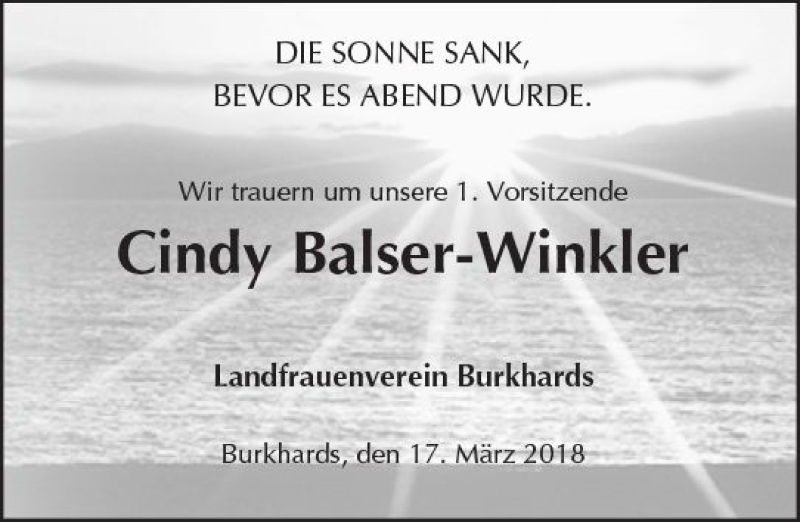  Traueranzeige für Cindy Balser-Winkler vom 17.03.2018 aus  Kreisanzeiger
