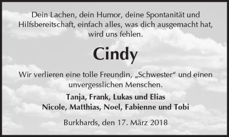  Traueranzeige für Cindy Balser-Winkler vom 17.03.2018 aus  Kreisanzeiger
