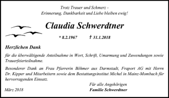 Traueranzeige von Claudia Schwerdtner von Trauerportal Rhein Main Presse
