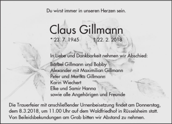 Traueranzeige von Claus Gillmann von Trauerportal Rhein Main Presse