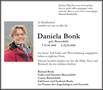Traueranzeige von Daniela Bonk von Trauerportal Rhein Main Presse