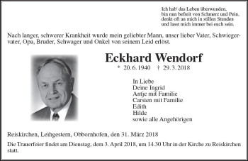Traueranzeige von Eckhard Wendorf von  Gießener Anzeiger