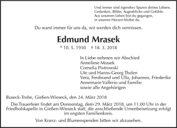 Traueranzeige von Edmund Mrasek von  Gießener Anzeiger