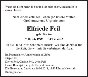 Traueranzeige von Elfriede Feil von Trauerportal Rhein Main Presse