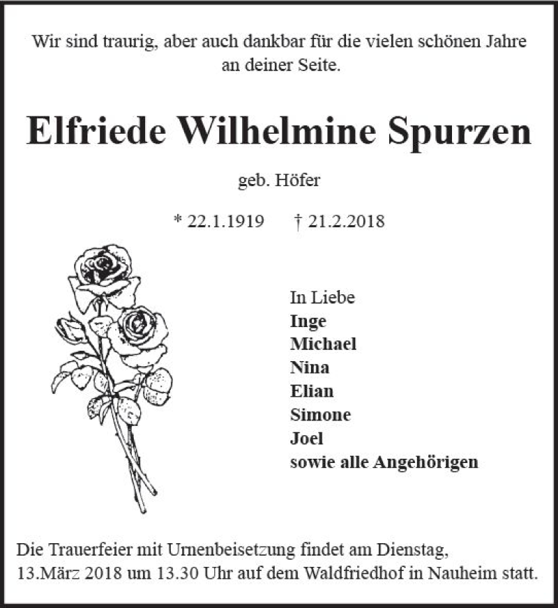  Traueranzeige für Elfriede Wilhelmine Spurzen vom 10.03.2018 aus Trauerportal Rhein Main Presse