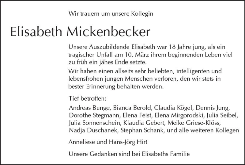  Traueranzeige für Elisabeth Mickenbecker vom 17.03.2018 aus Trauerportal Rhein Main Presse