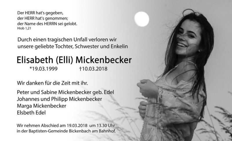  Traueranzeige für Elisabeth Mickenbecker vom 16.03.2018 aus Trauerportal Rhein Main Presse