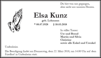 Traueranzeige von Elsa Kunz von Trauerportal Rhein Main Presse