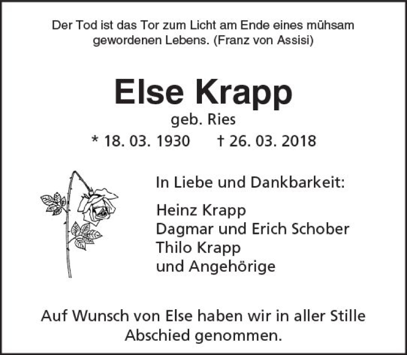  Traueranzeige für Else Krapp vom 31.03.2018 aus Trauerportal Rhein Main Presse