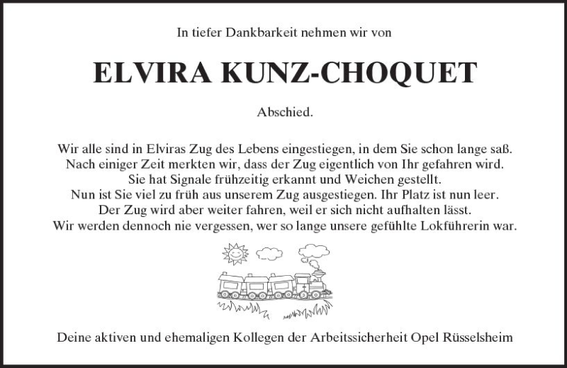  Traueranzeige für Elvira Kunz-Choquet vom 27.03.2018 aus Trauerportal Rhein Main Presse