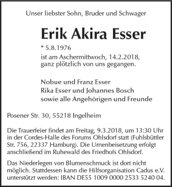 Traueranzeige von Erik Akira Esser von Trauerportal Rhein Main Presse