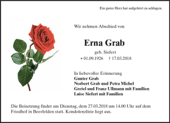 Traueranzeige von Erna Grab von Trauerportal Rhein Main Presse